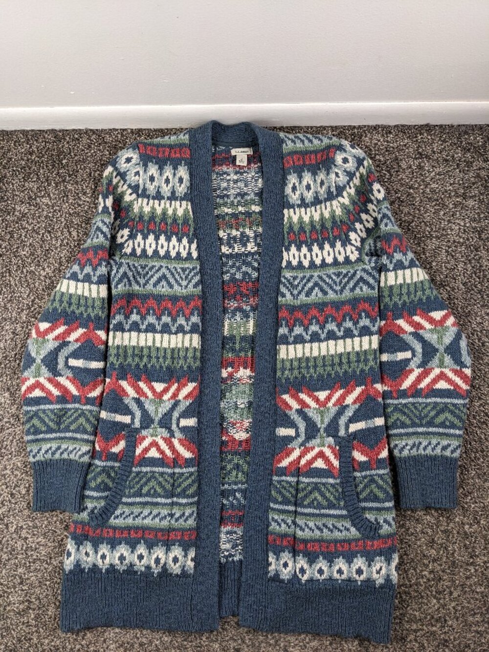LL Bean Sweater Fair Isle Cardigan Open Front Cotton Multicolor Womens Small